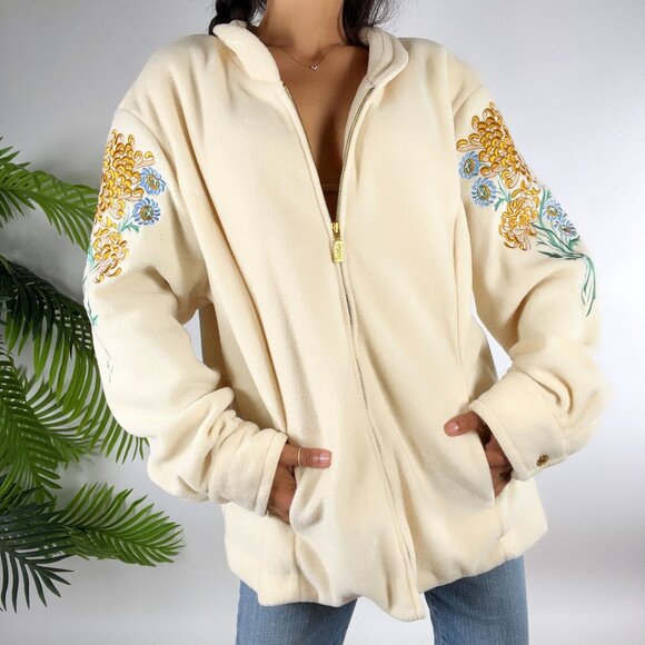 Vintage 80s Bob Mackie Cream Floral Embroidered Cottagecore Fleece Jacket / 2X - Picture 5 of 8